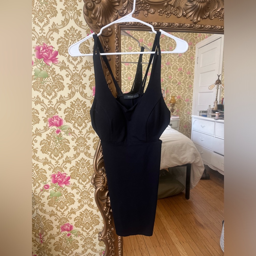 Solemio Black Strappy Midi Bodycon Dress